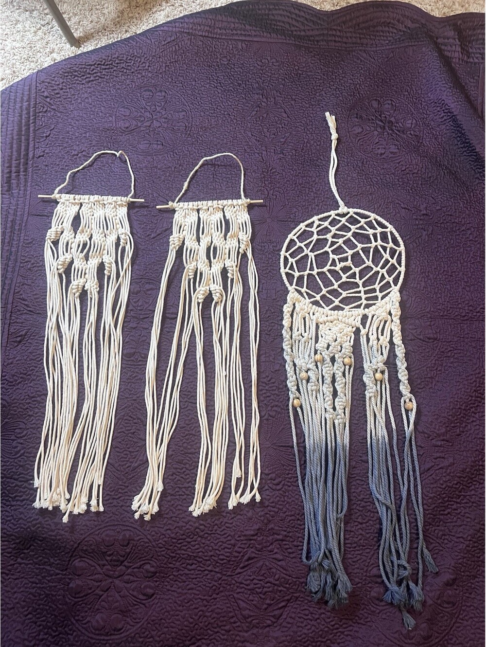 3 Pc Macrame Wall Hanging Dream Catcher Boho Cream Gray Wood Beads Decor